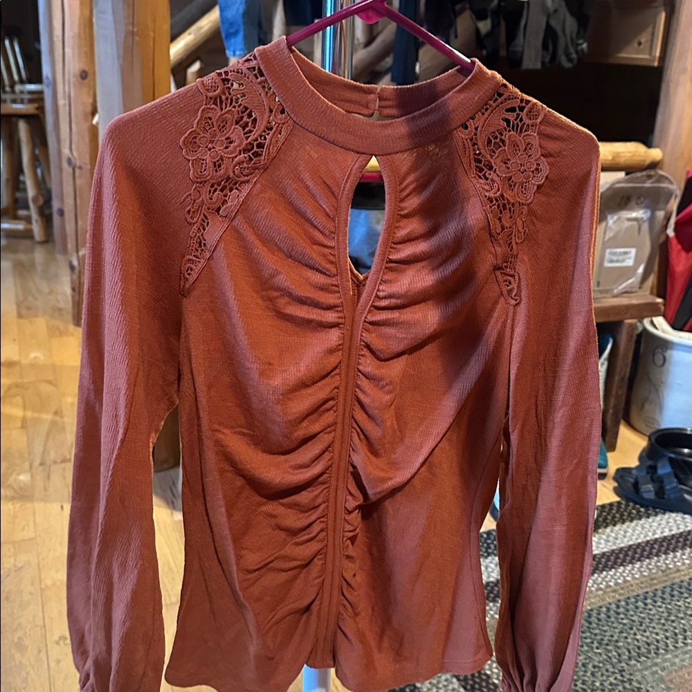 Daytrip Rust Blouse with Lace Detail